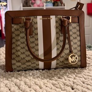 Michael Kors Brown and White Striped Signature Satchel
